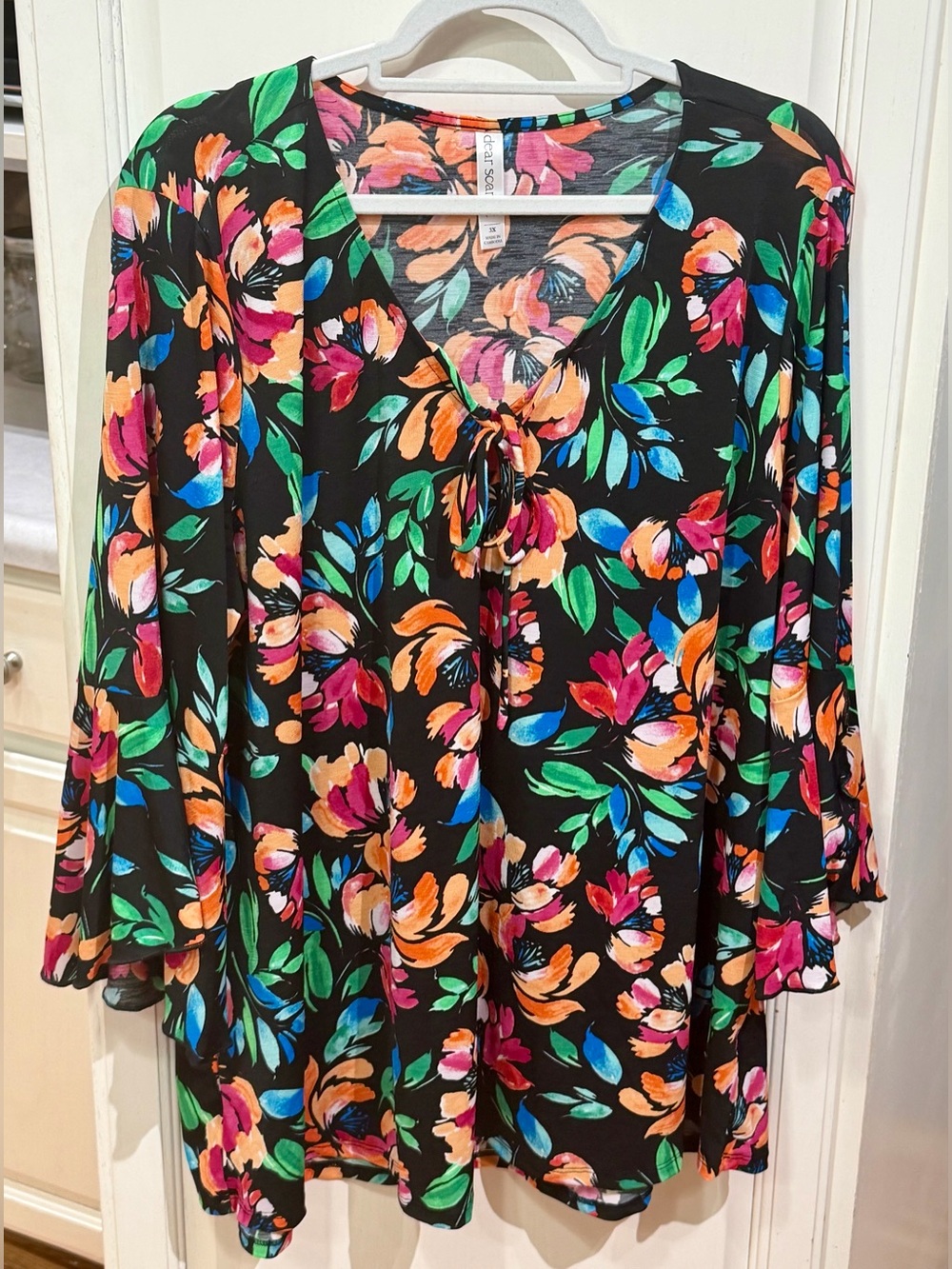 Black Floral Tie-Neck Tunic with Bright Multicolor Blooms